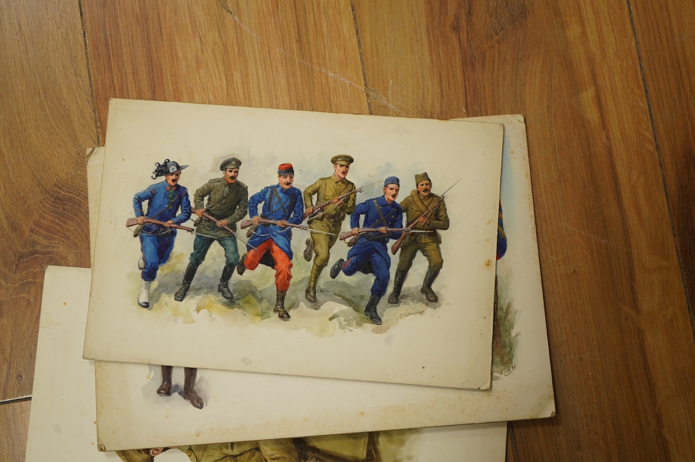 Charles Thomas Howard (1865–1942), eight original WWI watercolours for patriotic postcard designs to include ‘Soldiers of the Allied Nations’ and ‘Britannia and Solider’ unframed, some signed, 17 x 25cm. Condition - fair